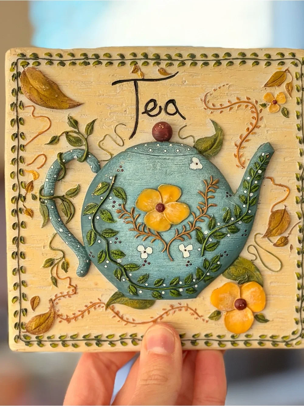 Cottagecore Floral 3D Textured Decorative Blue Teapot Wall Plaque - Tea Sign